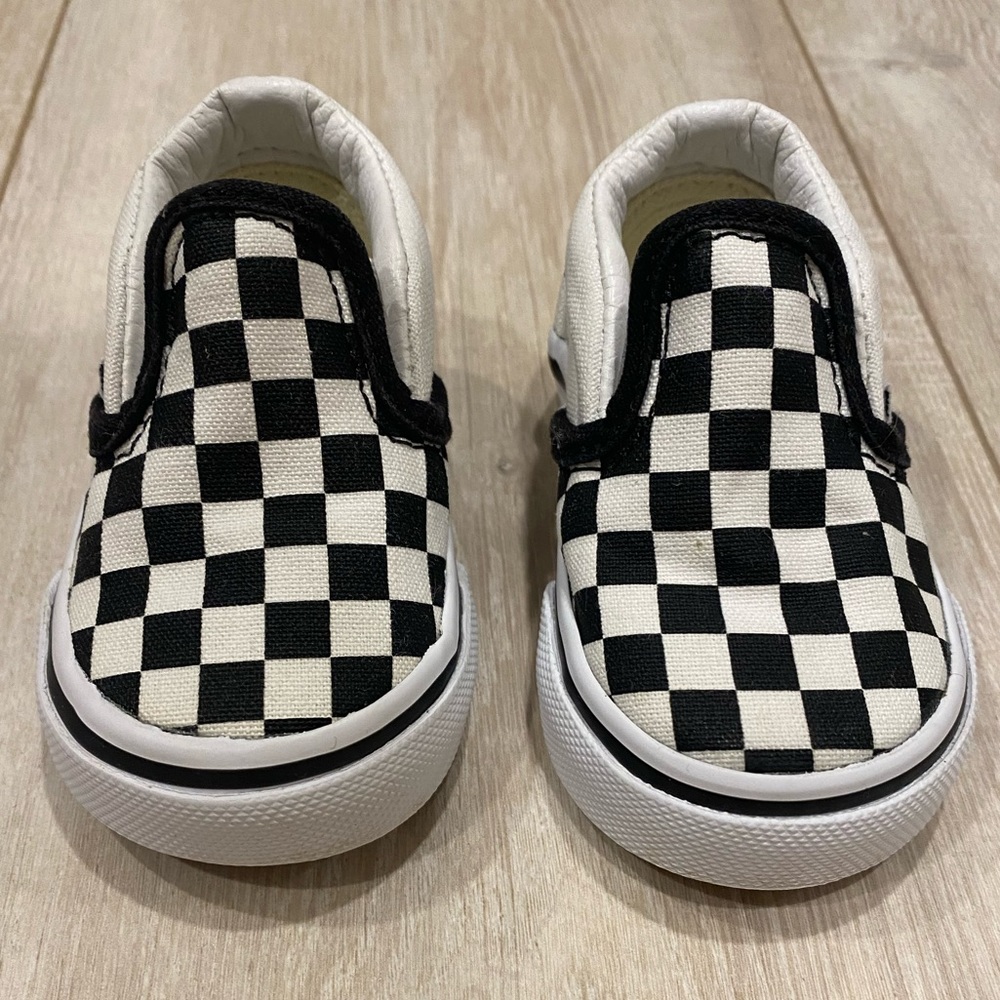 Baby Infant Unisex Black White Checkboard Vans Slip On Sneakers